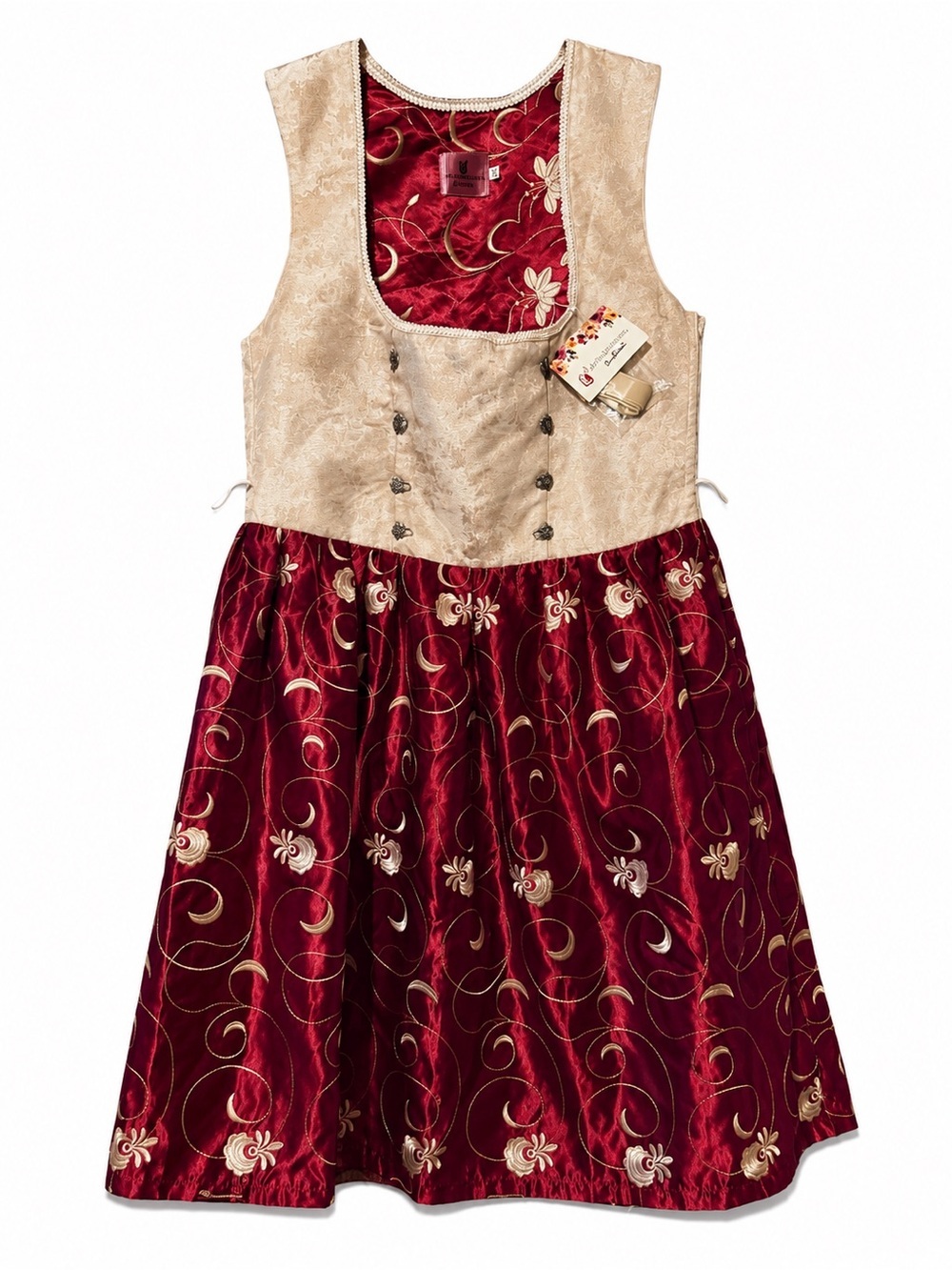 Women's Burgundy and Cream dirndl Dress with Embroidered Skirt